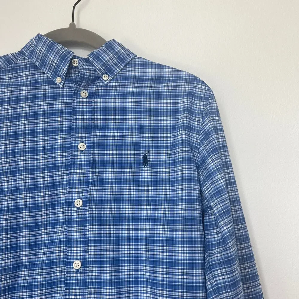 Ralph Lauren Performance Boy's Blue Plaid Long-Sleeve Button-Down Shirt 14-16